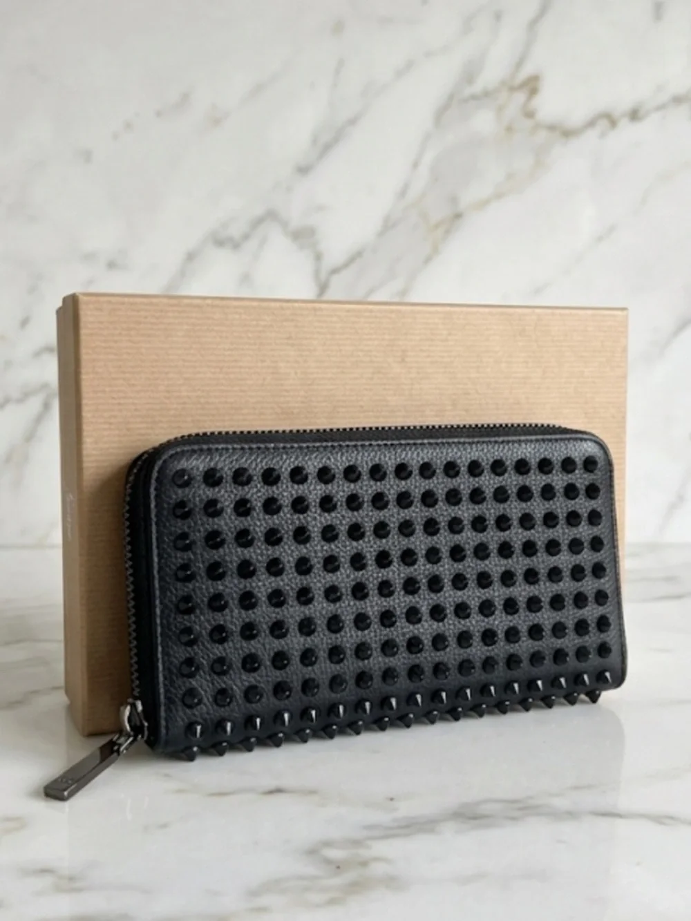 Christian Louboutin Panettone Spiked Zip Wallet Black Leather Red Sole Authentic